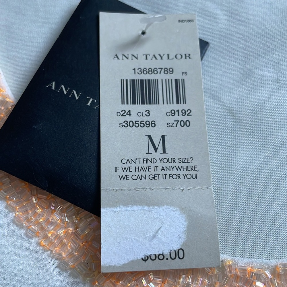 NWT Ann Taylor White Crepe Tank Top with Iridescent Peach Beaded Trim - M - Picture 6 of 7